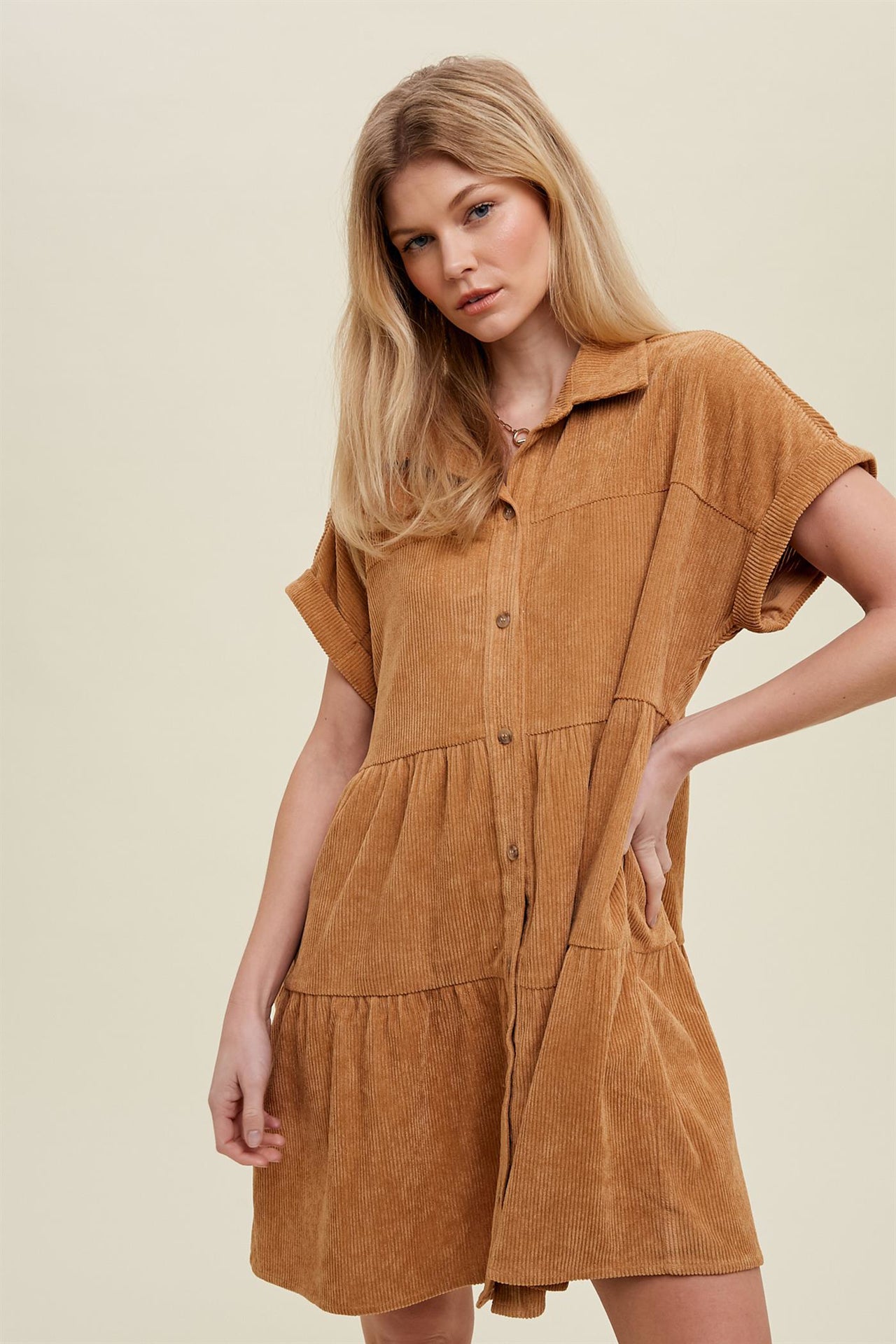 Corduroy tiered mini dress with buttons and side pockets Dress Wishlist