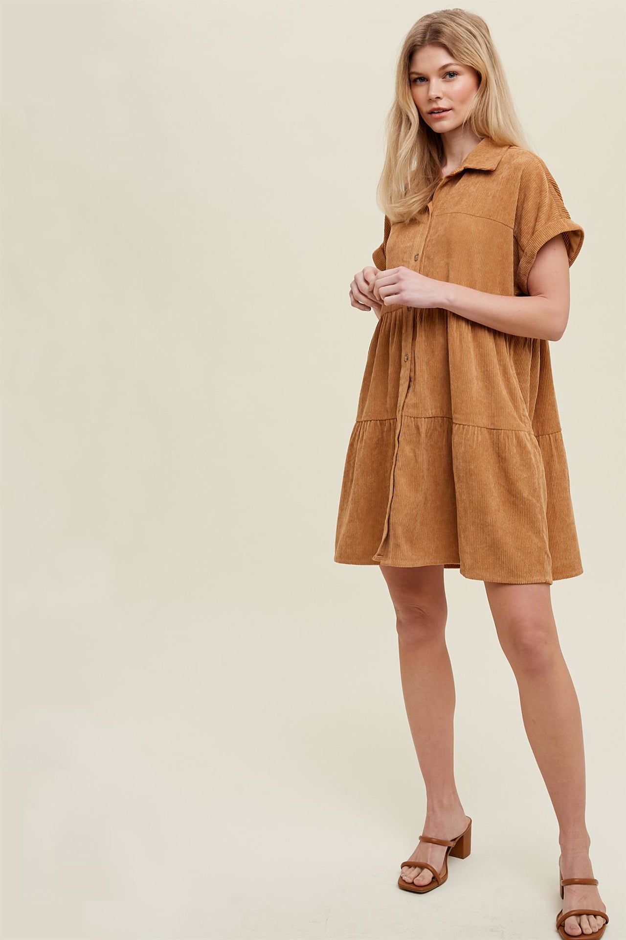 Corduroy tiered mini dress with buttons and side pockets Dress Wishlist