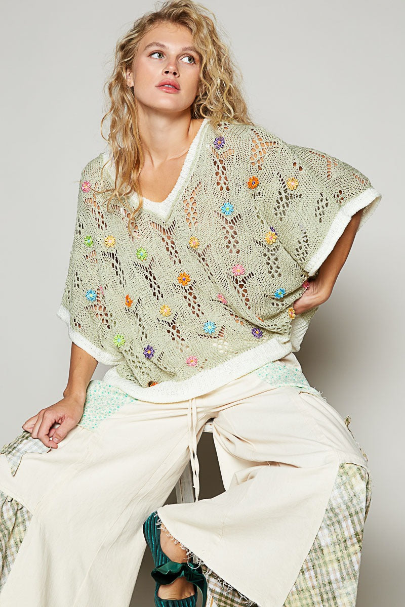 Flower pattern v-neck sleeveless sweater top