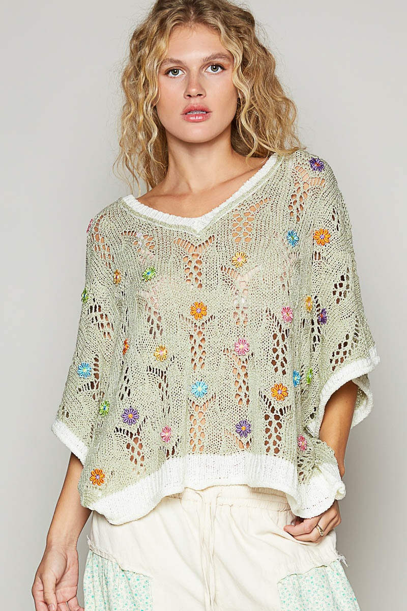 Flower pattern v-neck sleeveless sweater top