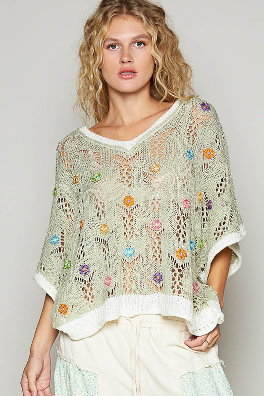 Flower pattern v-neck sleeveless sweater top