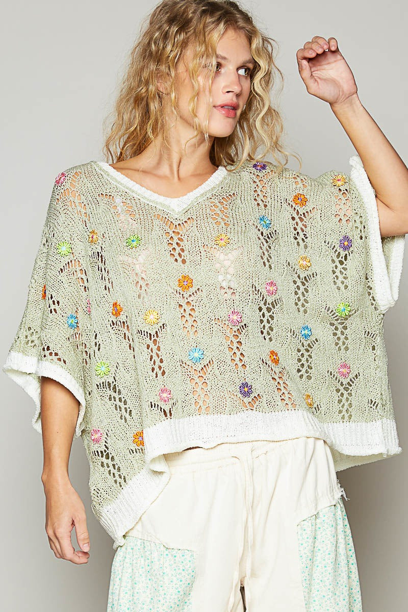 Flower pattern v-neck sleeveless sweater top