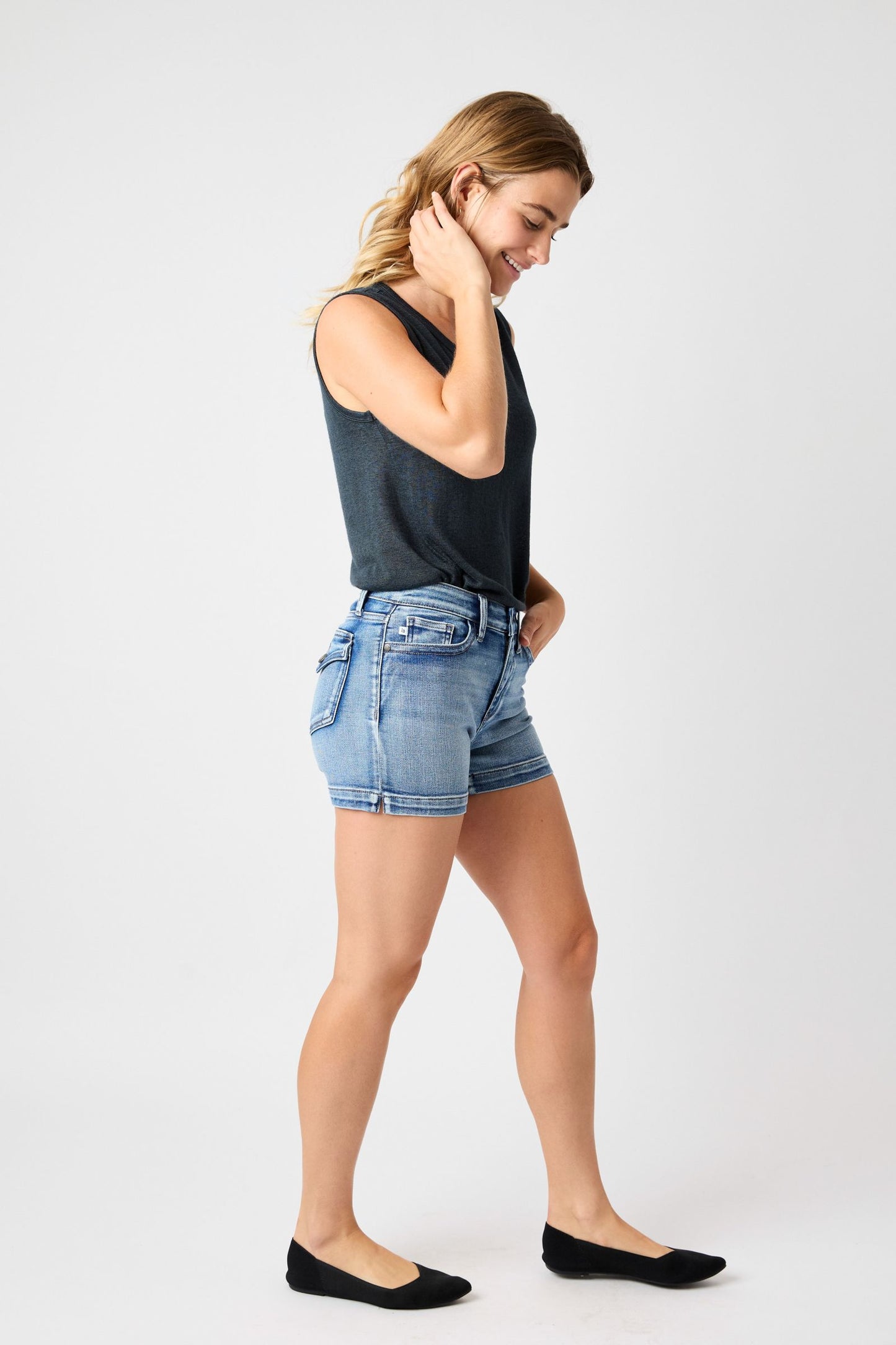 Judy Blue Mid-Rise Heavy Contrast Faux Flap Pocket Shorts Shorts Judy Blue   