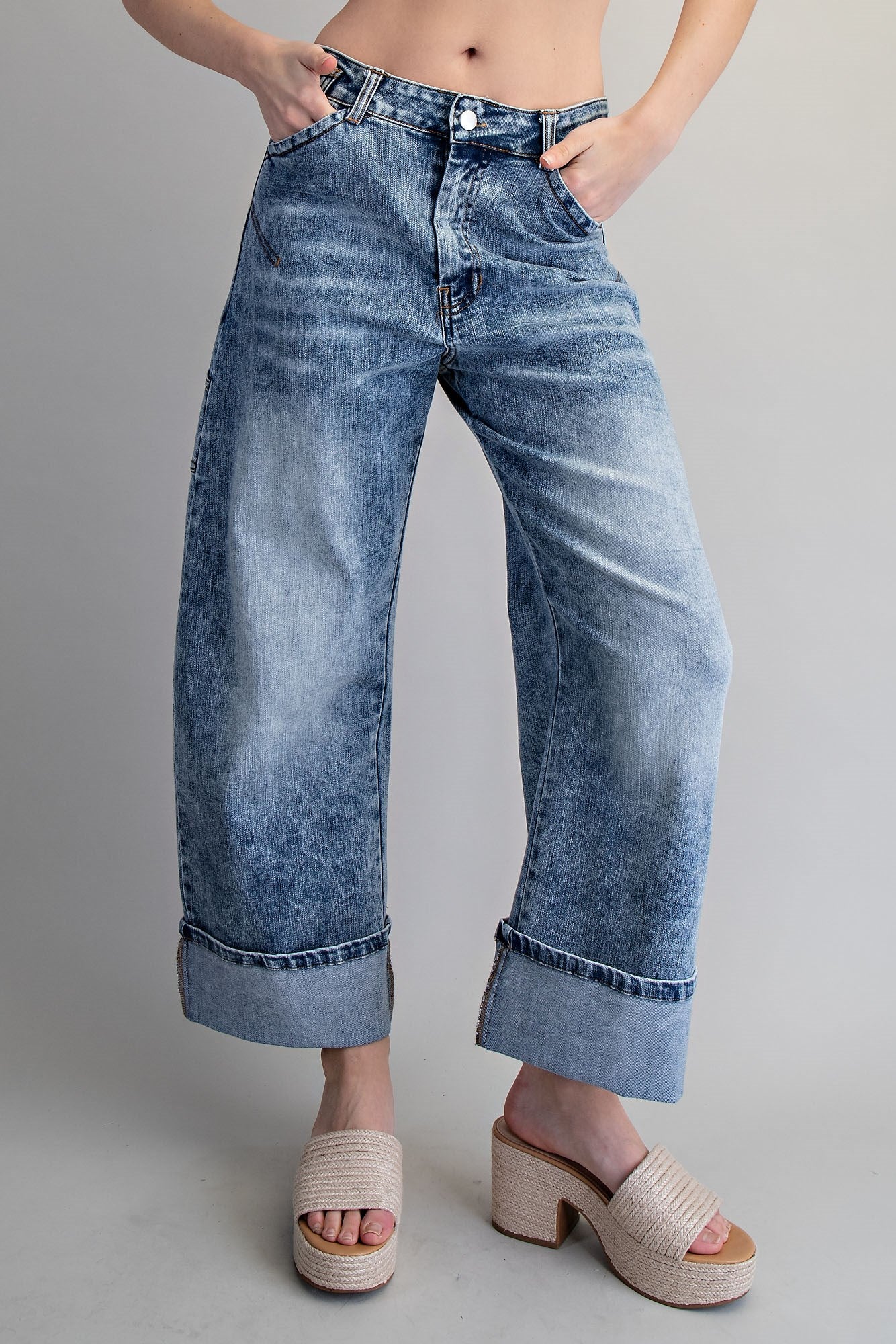 Zipper front rolled up hem denim jeans/pants