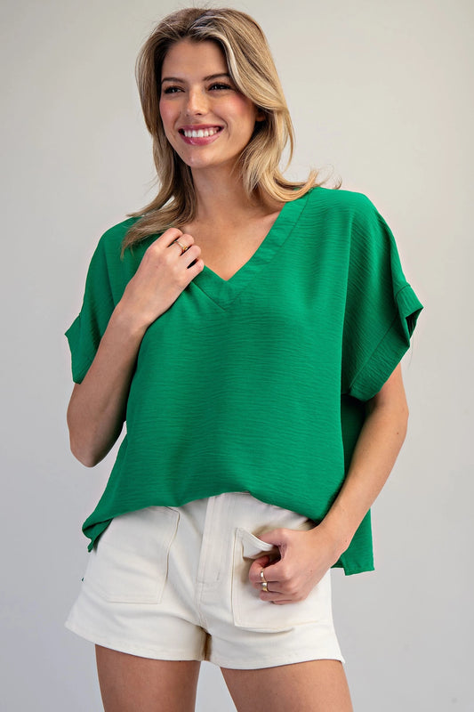 Solid V-neck short sleeve blouse