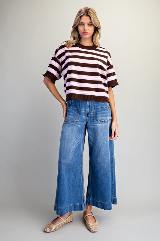 Striped Short Sleeve Knit Sweater