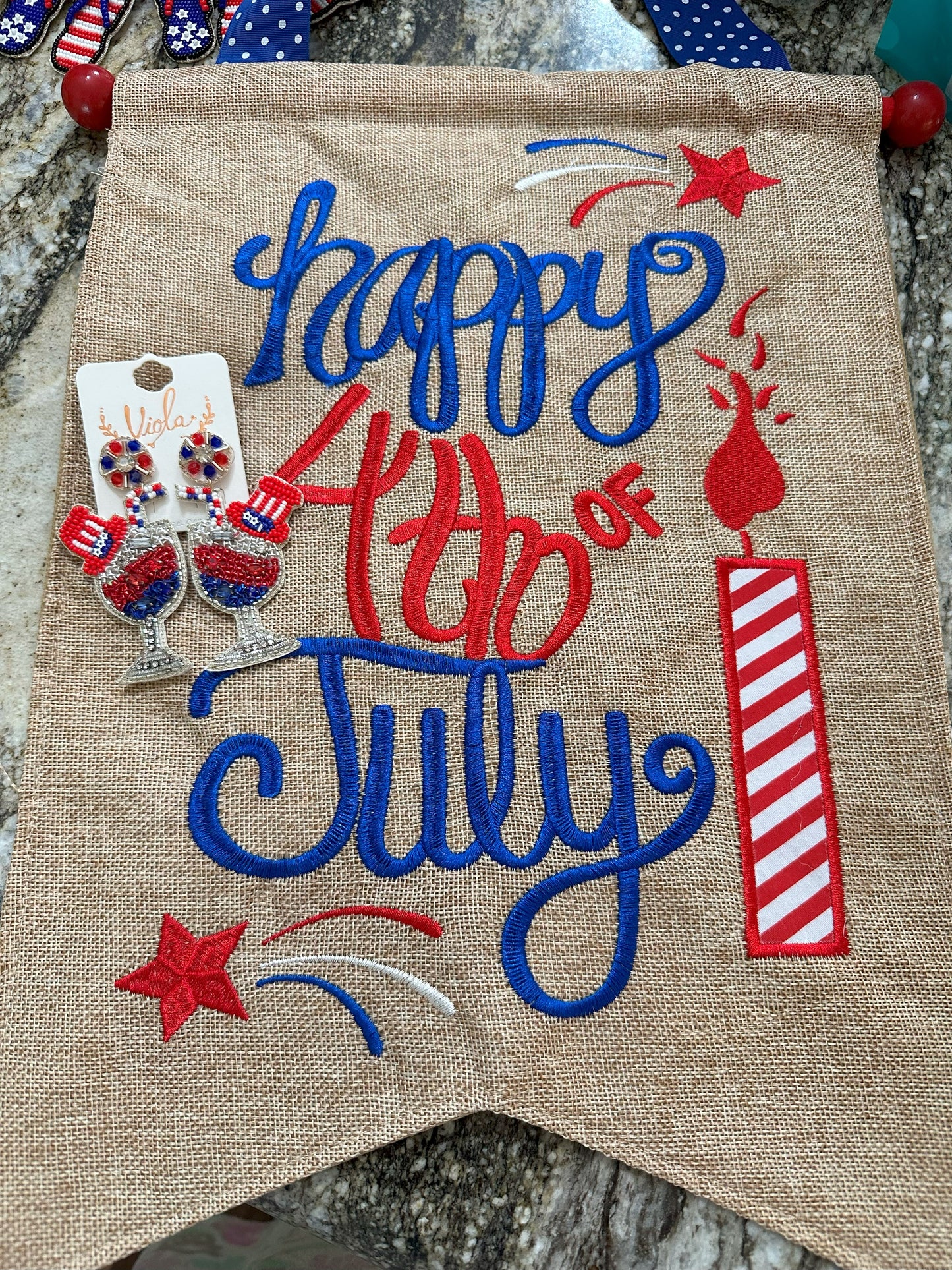 Red, White and Blue Patriotic Celebration Champaign Glasses under Fireworks Earrings Earrings Dallas Market Center