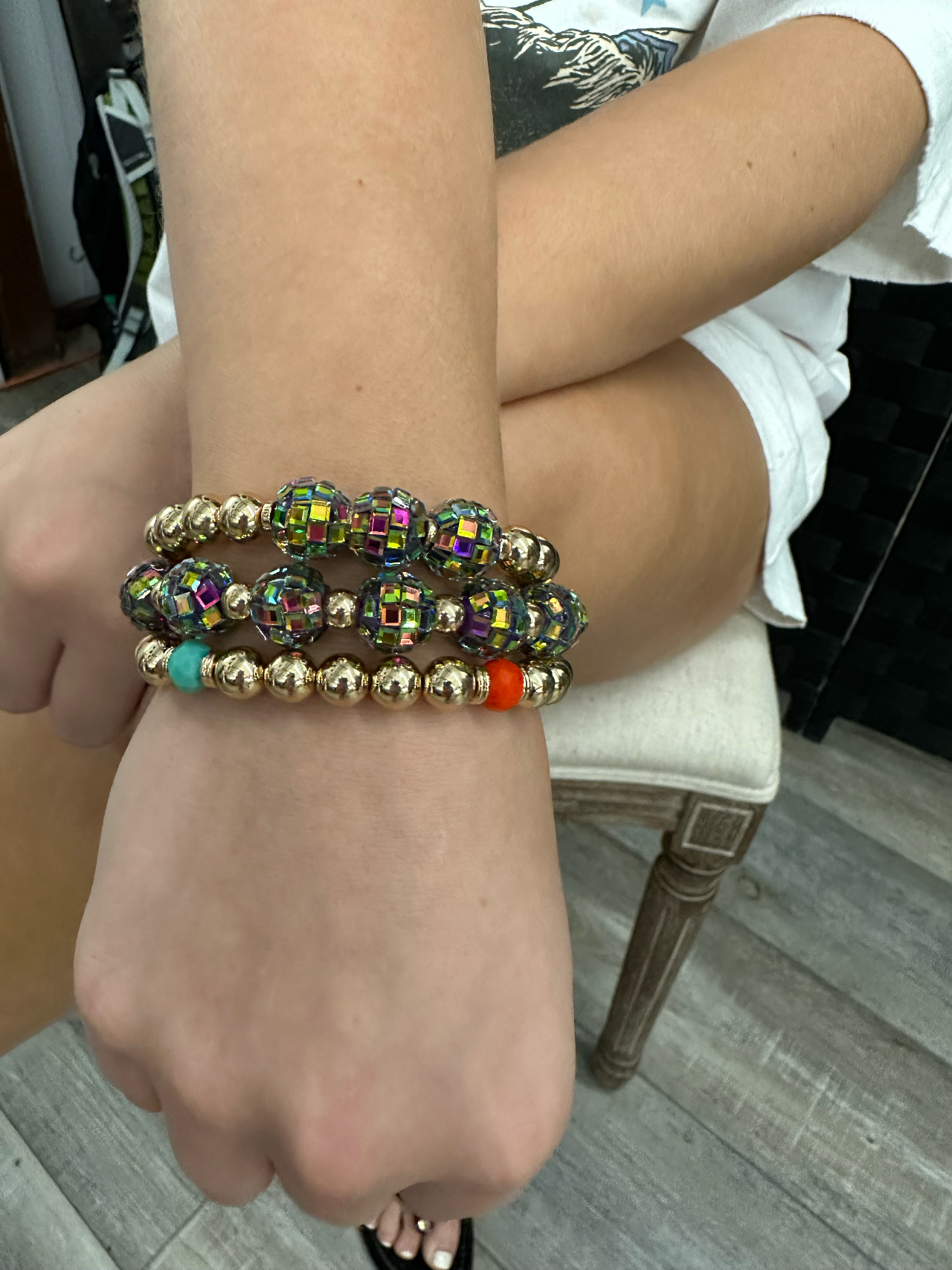 3-strand gold and multi-color disco bead bracelet Bracelets Pink Panache