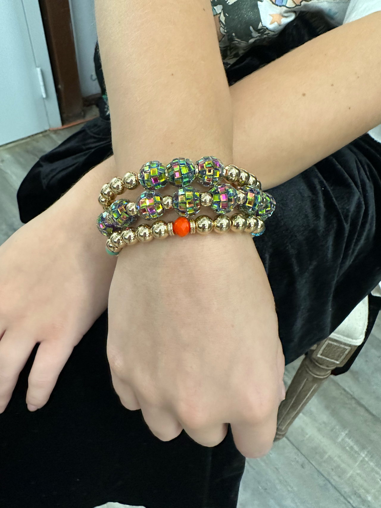 3-strand gold and multi-color disco bead bracelet Bracelets Pink Panache