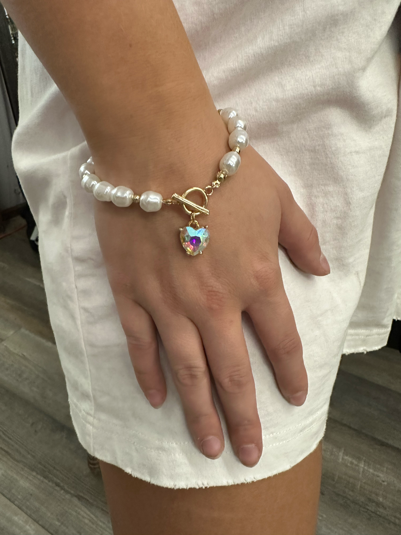 Freshwater pearl toggle clasp stretch bracelet with heart rhinestone charm Bracelets Pink Panache