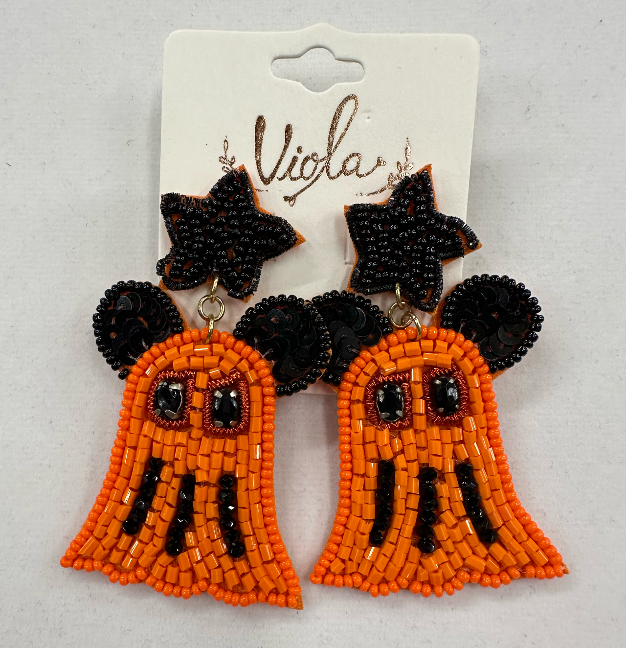 Halloween Orange and Black Ghosts under Stars Beaded Earrings Earrings Pink Panache