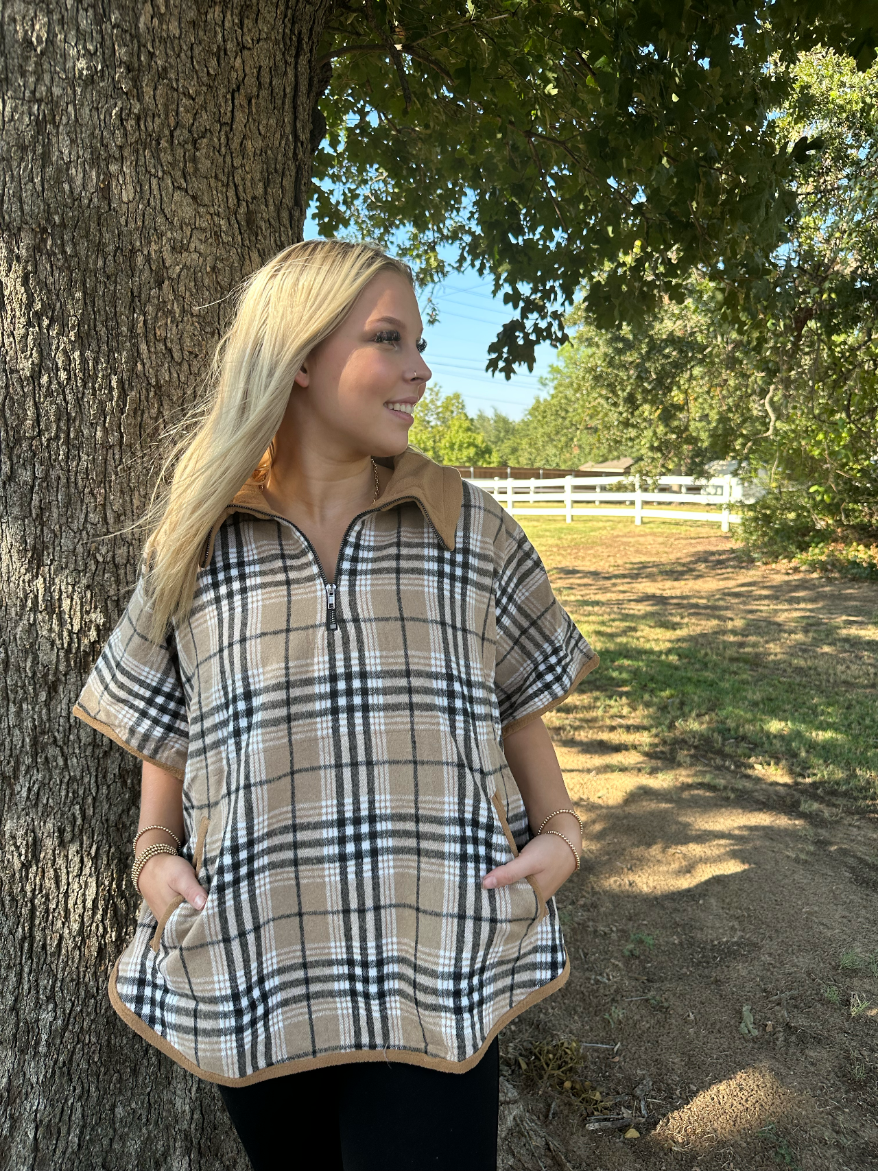 Brushed plaid half zipper pancho Pancho Kori America