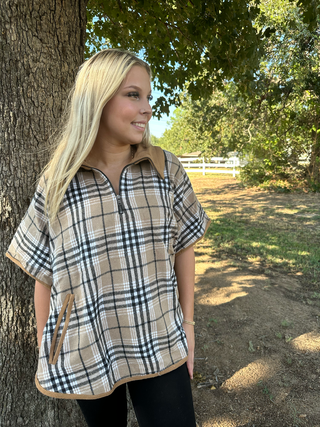 Brushed plaid half zipper pancho Pancho Kori America