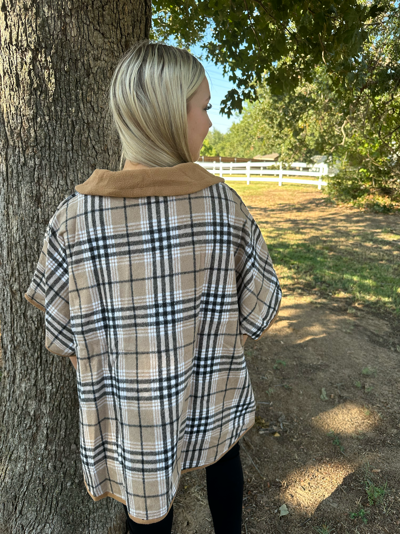 Brushed plaid half zipper pancho Pancho Kori America