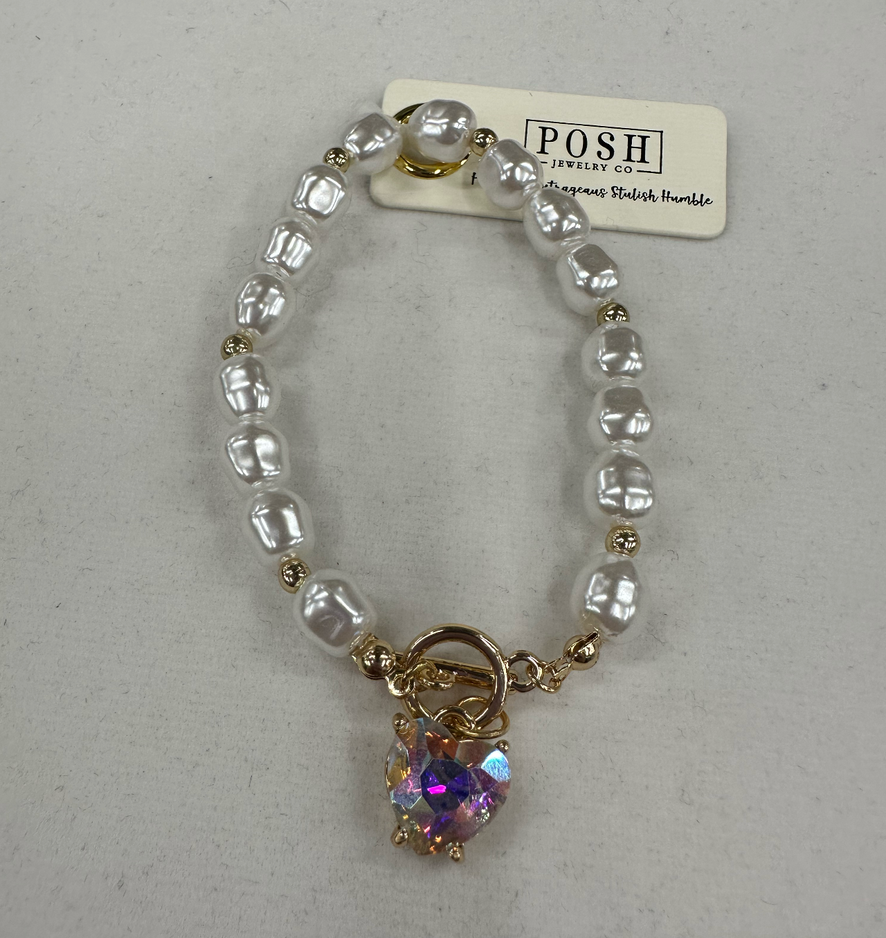 Freshwater pearl toggle clasp stretch bracelet with heart rhinestone charm Bracelets Pink Panache