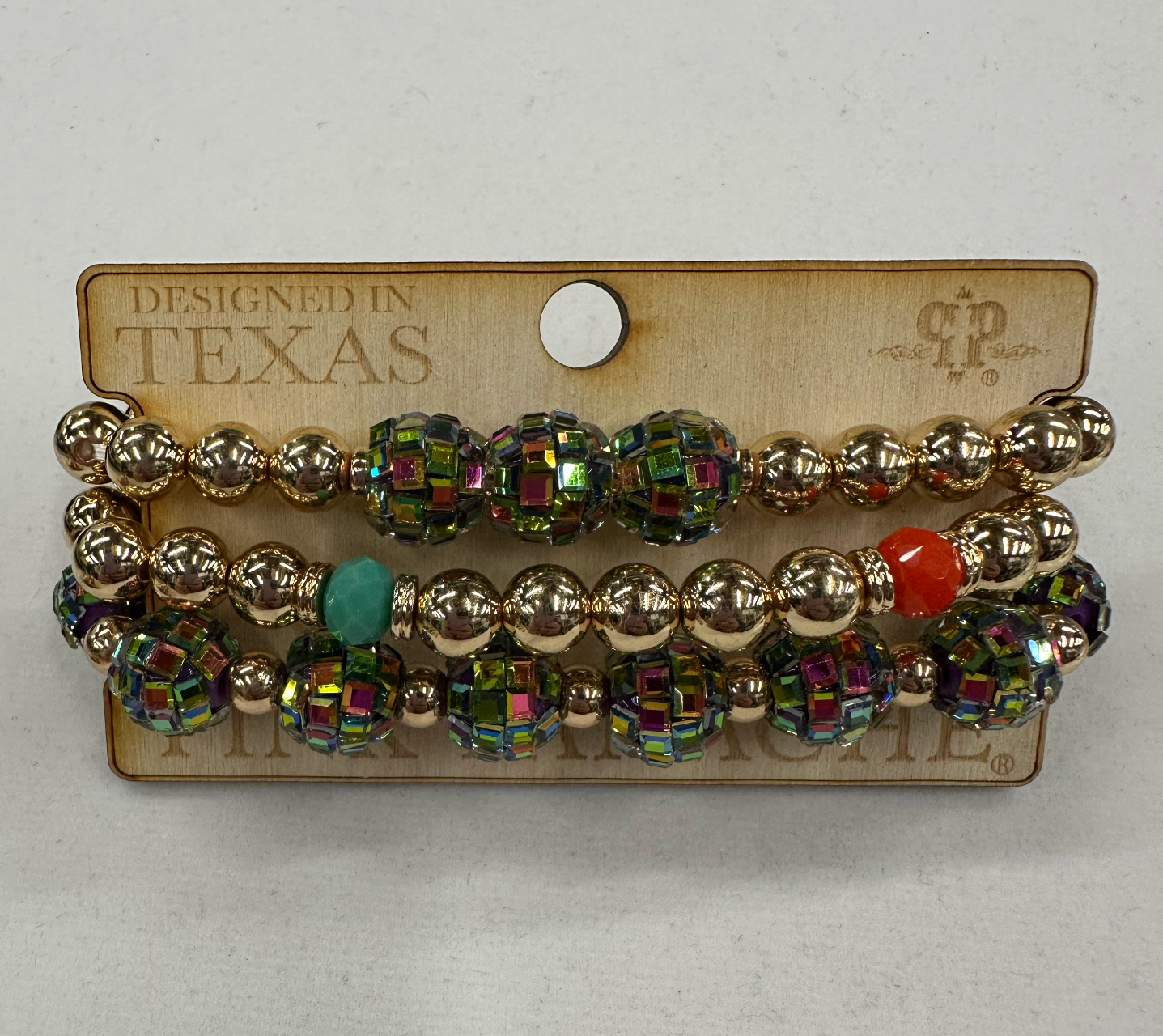3-strand gold and multi-color disco bead bracelet Bracelets Pink Panache