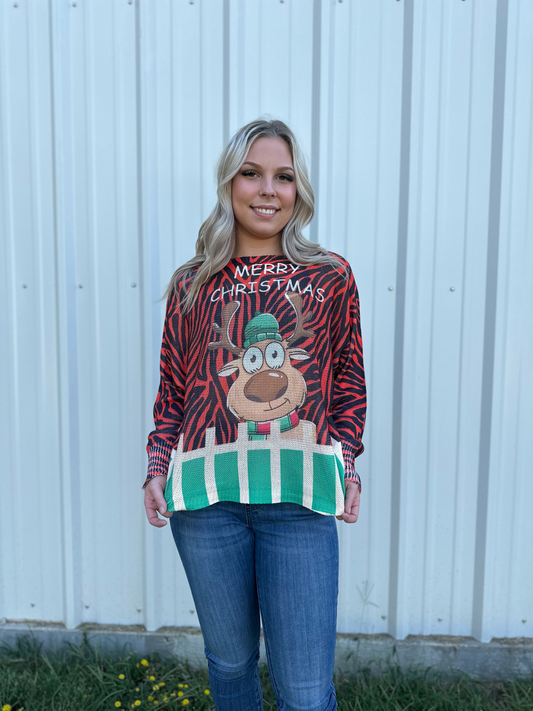 One size fits all cotton knit Christmas reindeer relaxed fit top Blouse New York Life
