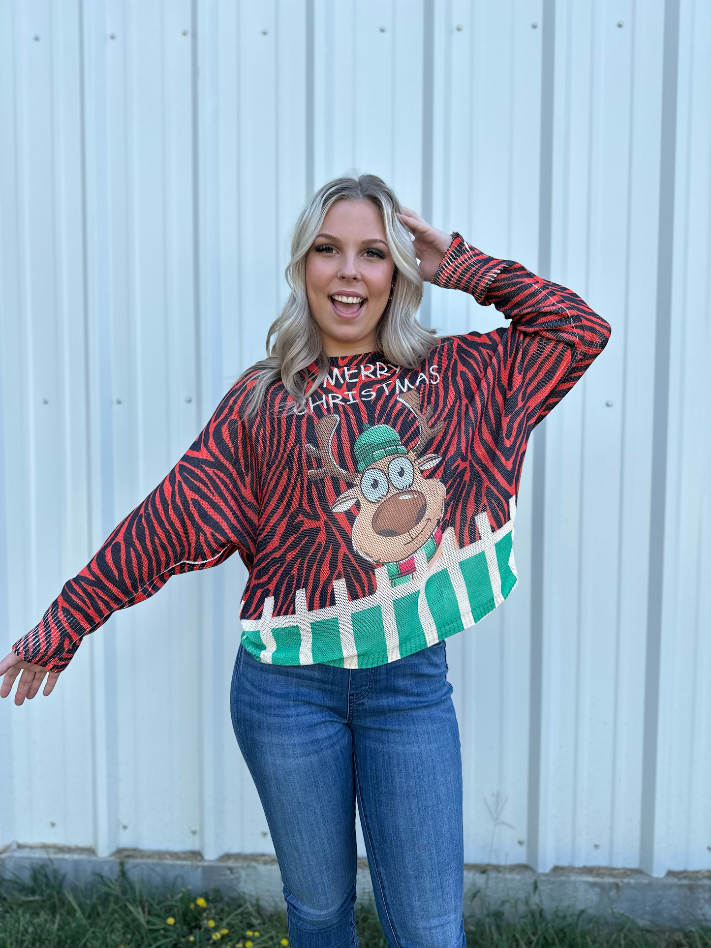 One size fits all cotton knit Christmas reindeer relaxed fit top Blouse New York Life
