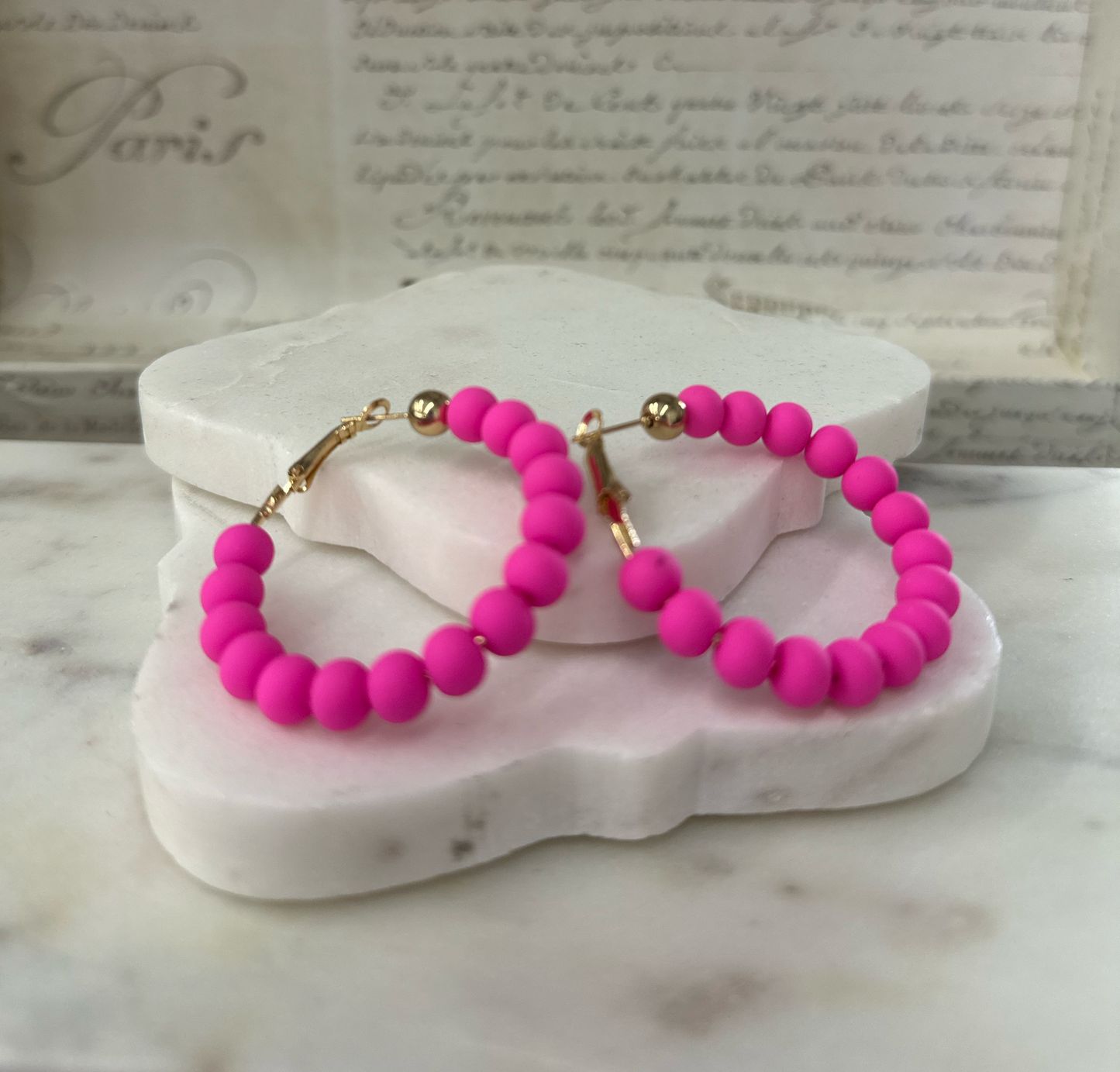 Ete clay bead hoop earrings Earrings Dallas Market Center Hot Pink