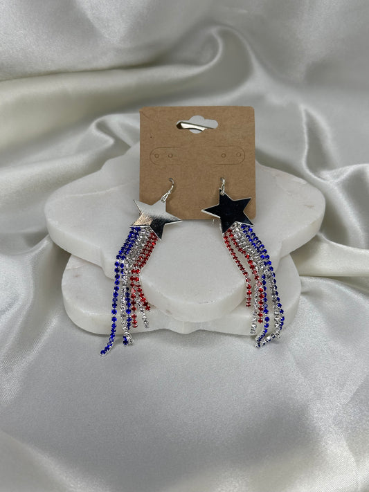 Silver star with red white blue USA flag tassels Earrings Accessories To Go