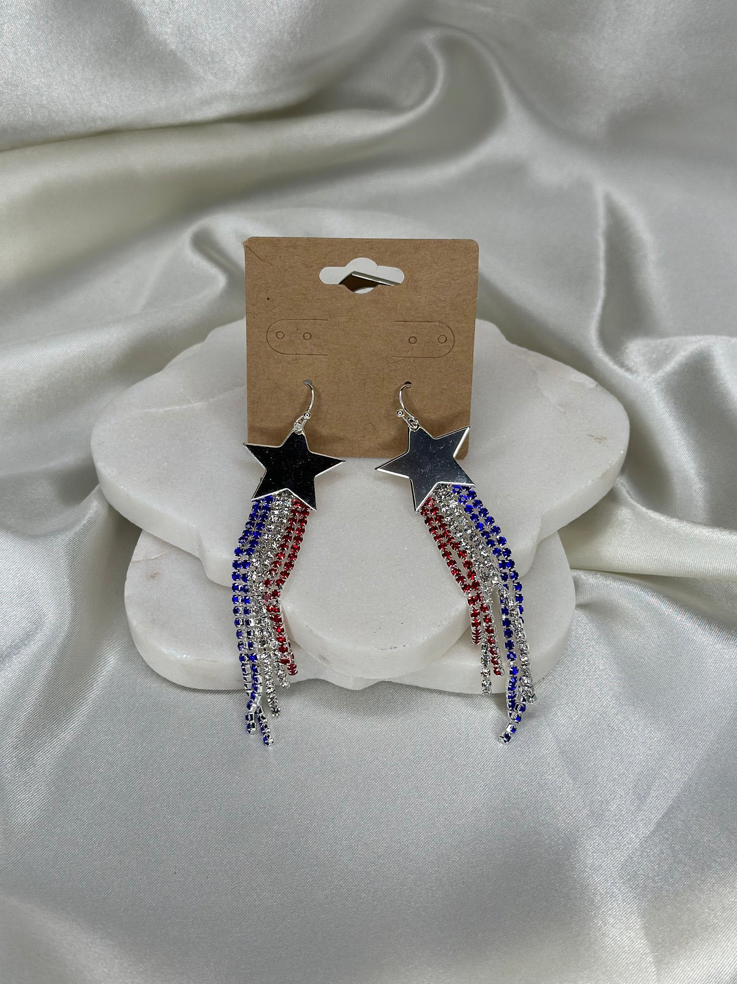 Silver star with red white blue USA flag tassels Earrings Accessories To Go