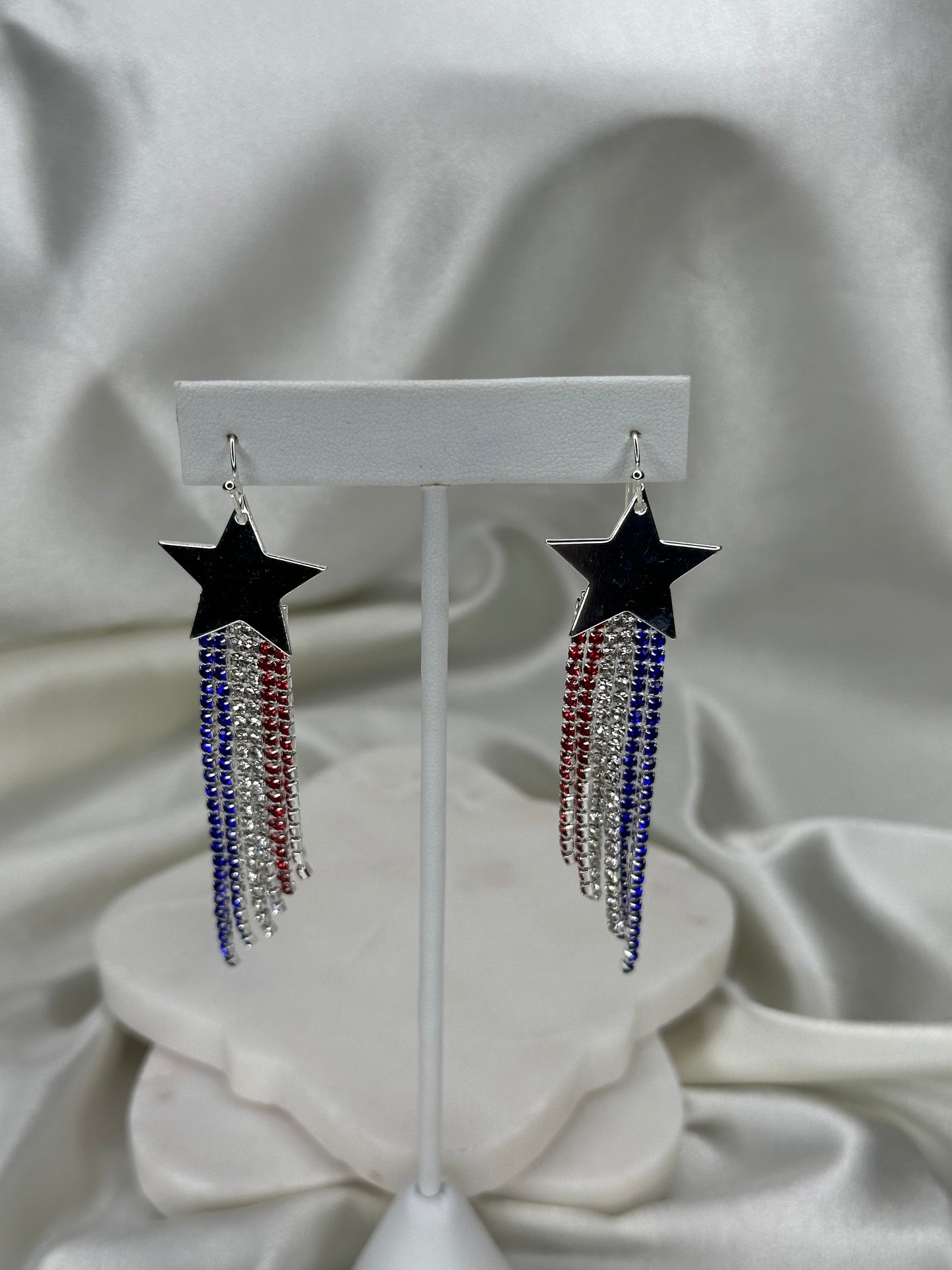 Silver star with red white blue USA flag tassels Earrings Accessories To Go