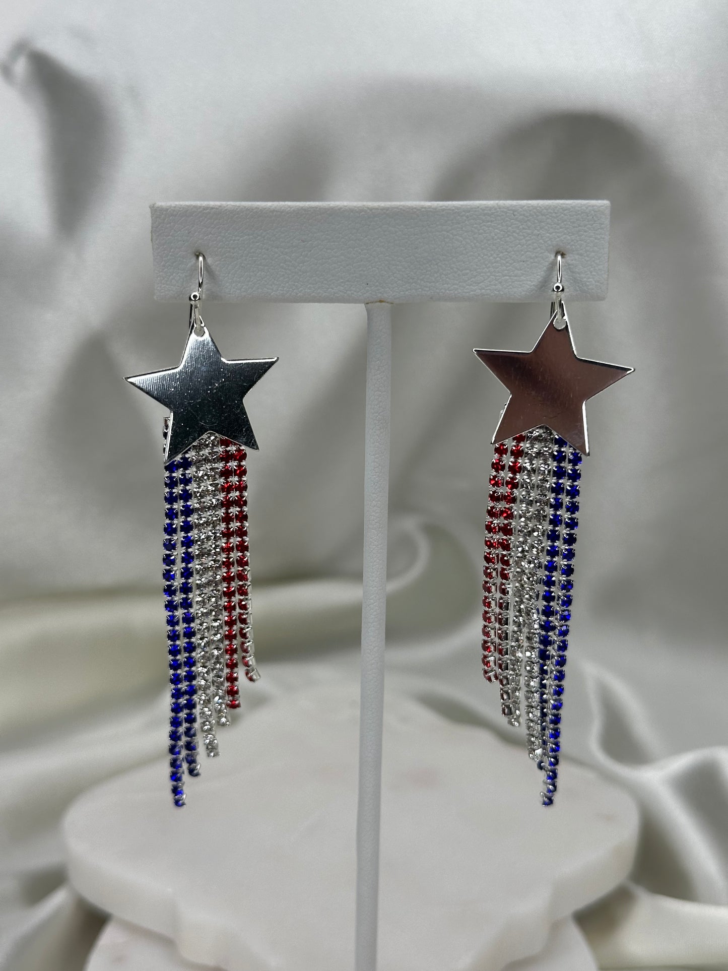 Silver star with red white blue USA flag tassels Earrings Accessories To Go