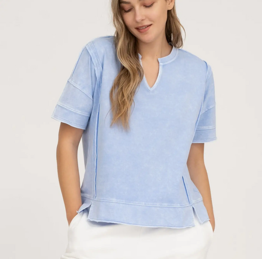 Washed split neck patchwork short sleeve knit top