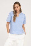 Washed split neck patchwork short sleeve knit top