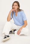 Washed split neck patchwork short sleeve knit top