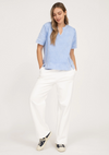 Washed split neck patchwork short sleeve knit top