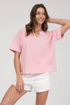 Washed split neck patchwork short sleeve knit top