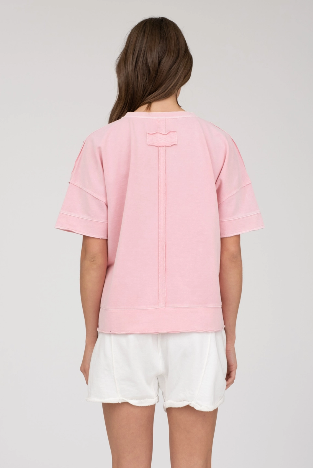 Washed split neck patchwork short sleeve knit top