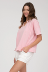 Washed split neck patchwork short sleeve knit top