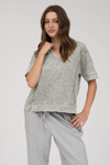 Washed split neck patchwork short sleeve knit top
