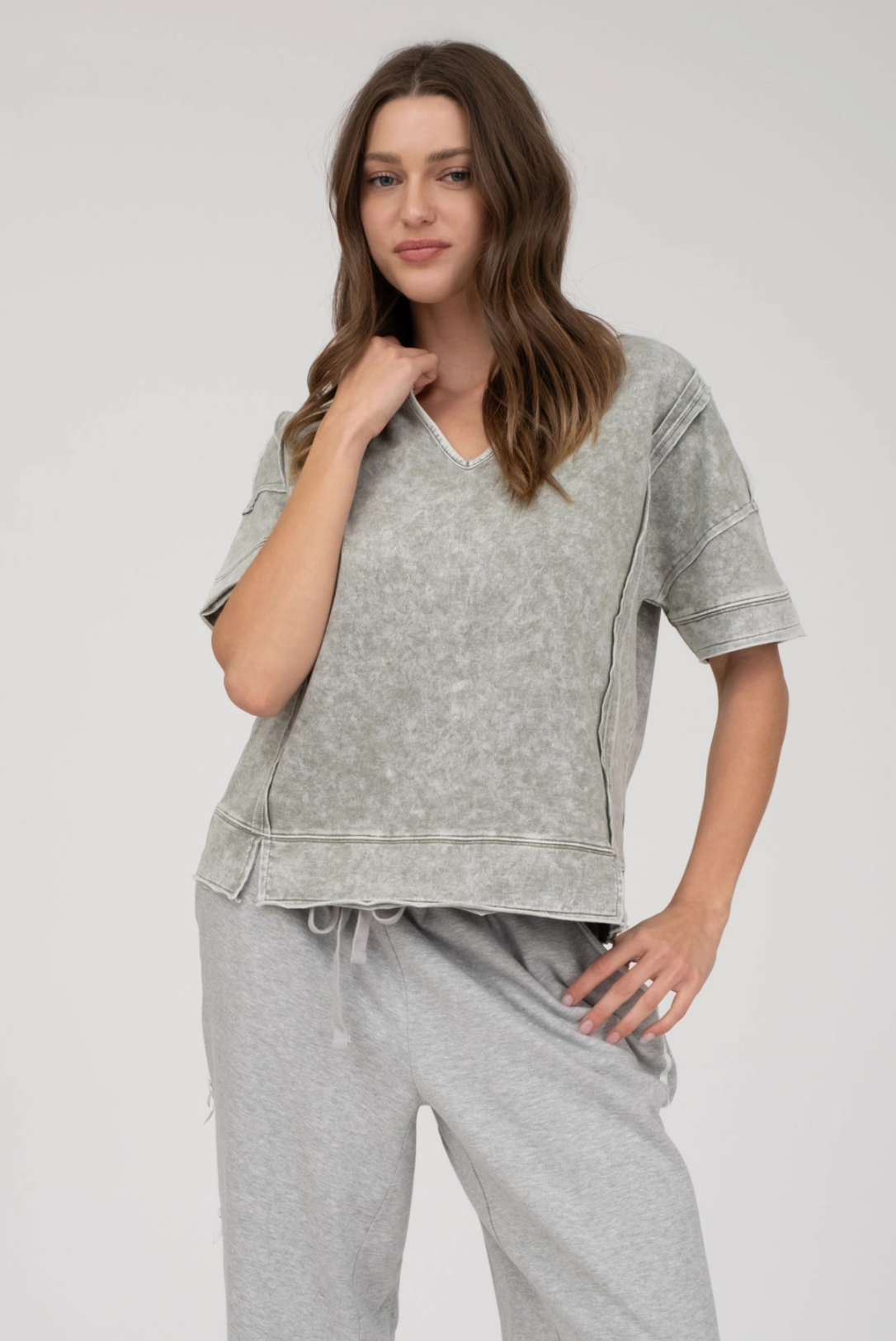 Washed split neck patchwork short sleeve knit top