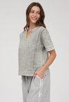 Washed split neck patchwork short sleeve knit top