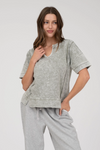 Washed split neck patchwork short sleeve knit top