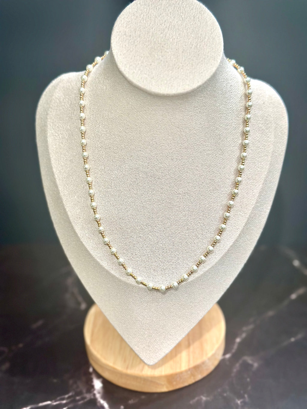Water Resistant 4mm Pearl and Gold Beaded 16"-18" Necklace