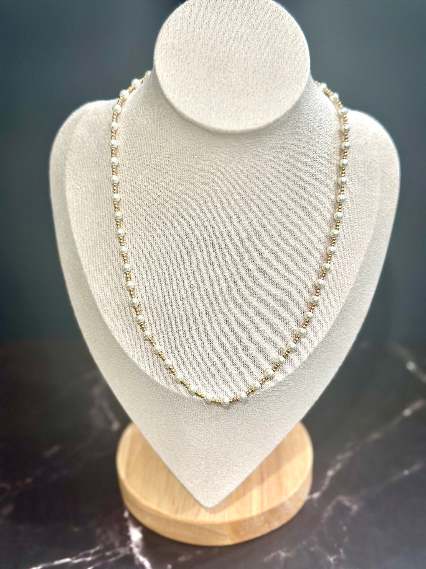 Water Resistant 4mm Pearl and Gold Beaded 16"-18" Necklace