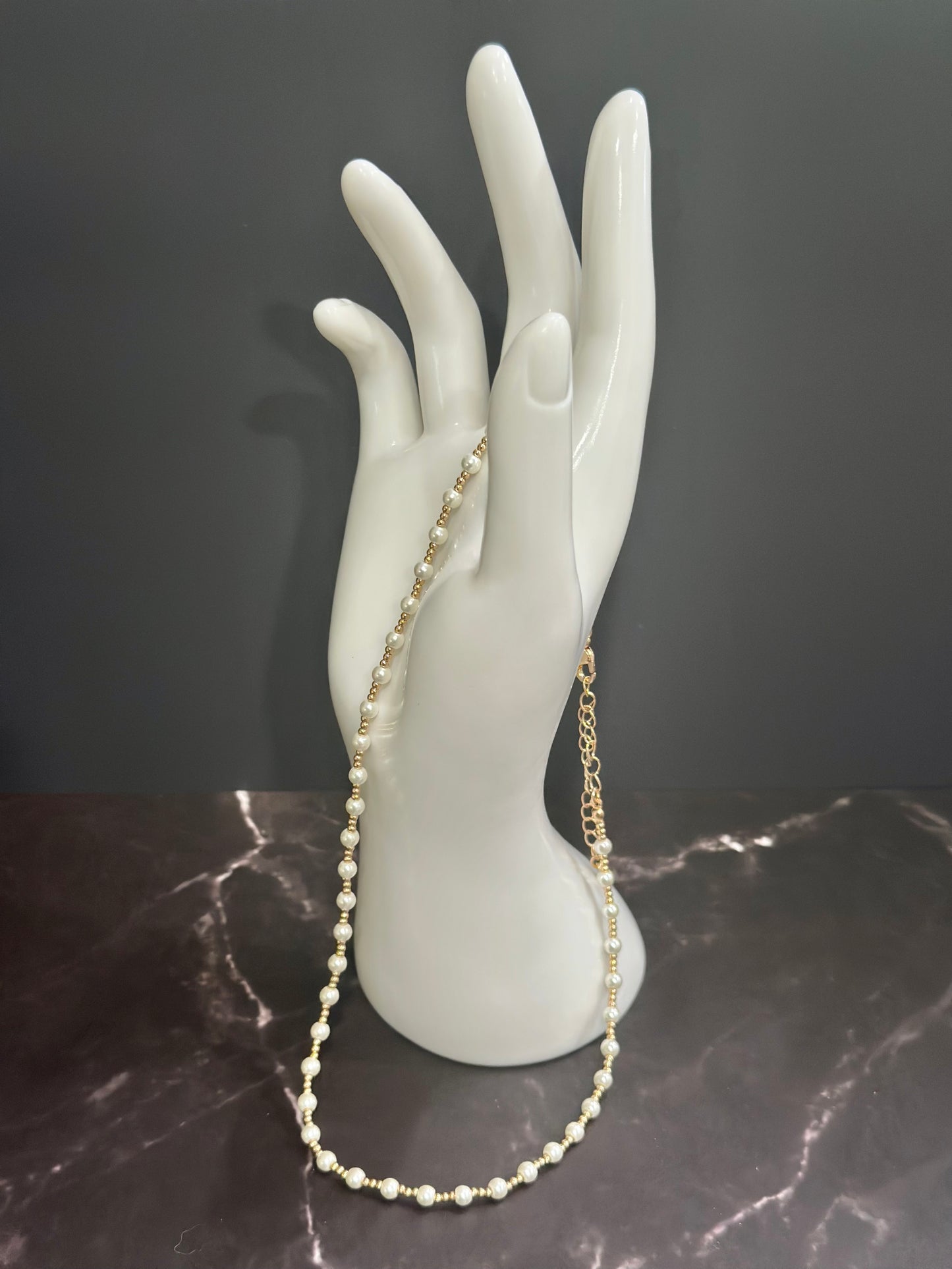 Water Resistant 4mm Pearl and Gold Beaded 16"-18" Necklace