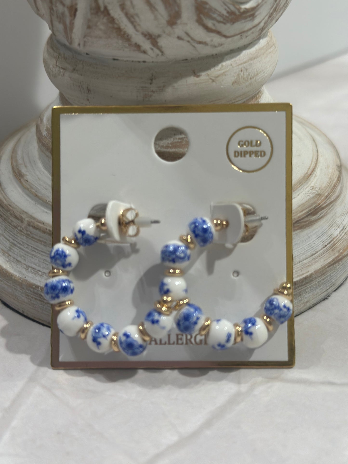 White and Blue Beaded with Gold Accent 1.25" Earring