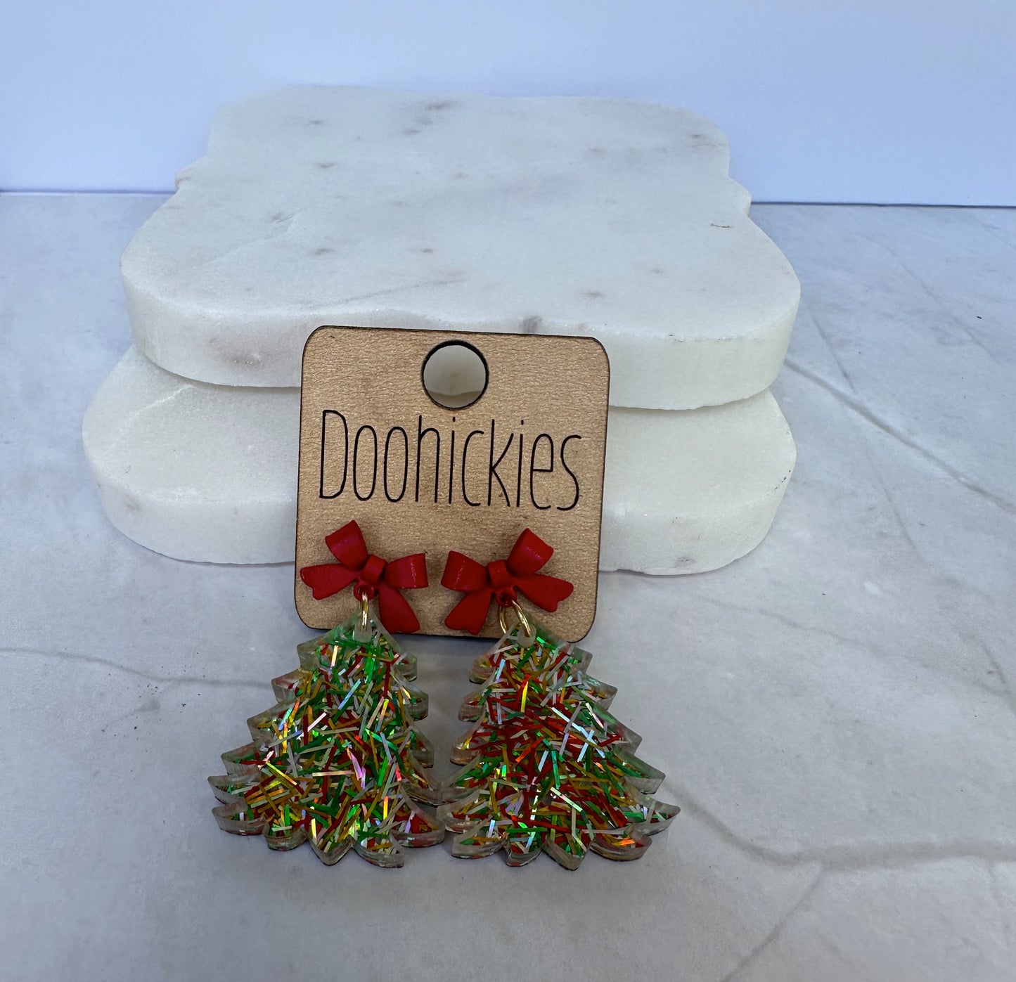 Doohickies 2" festive acrylic Christmas tree earrings