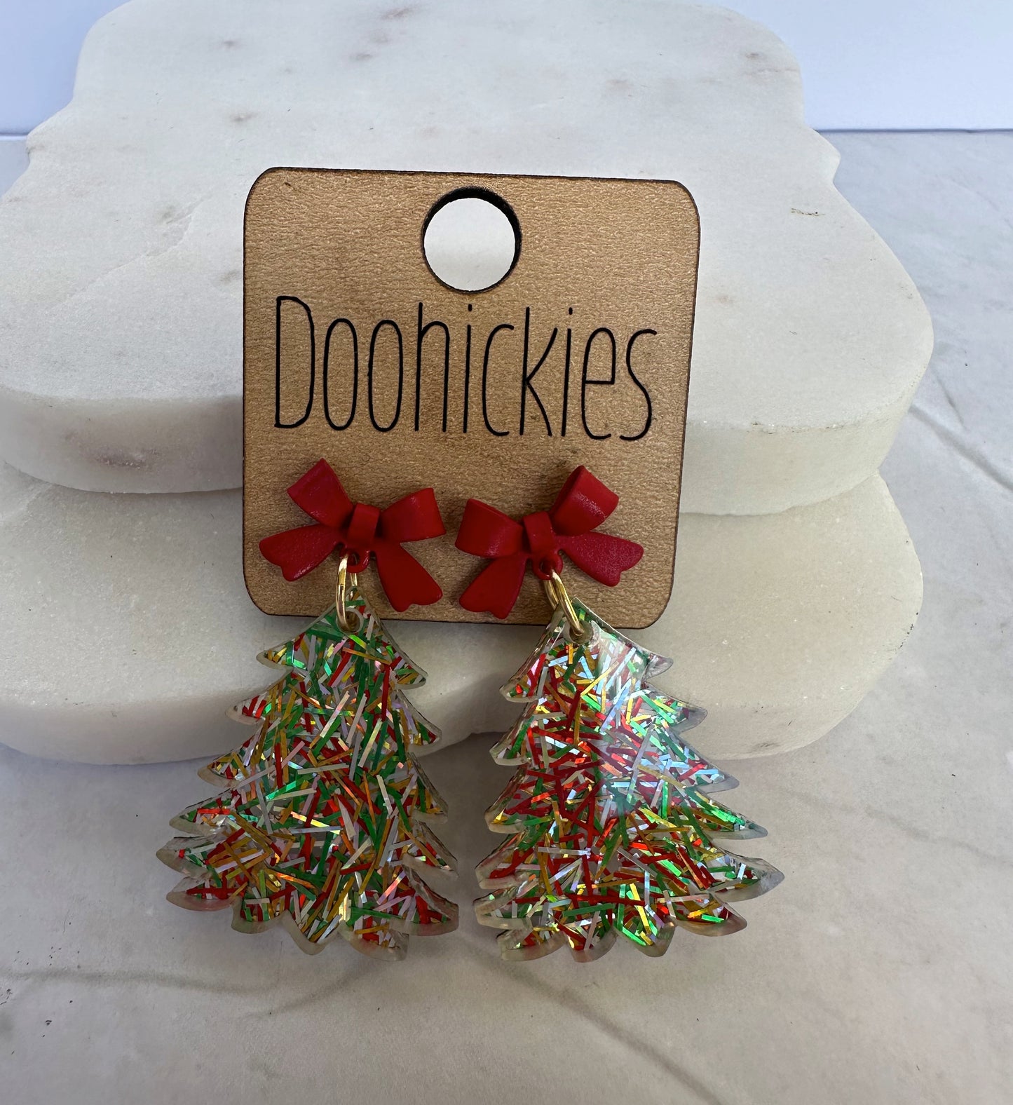 Doohickies 2" festive acrylic Christmas tree earrings