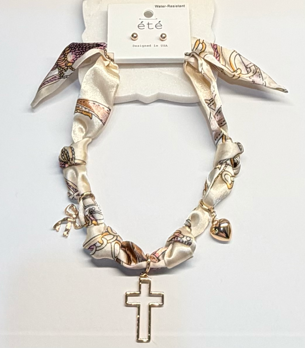 Gold scarf necklace with bows and cross and gold bead earrings set
