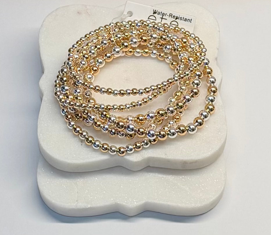Six-set gold and silver bead water resistant bracelets
