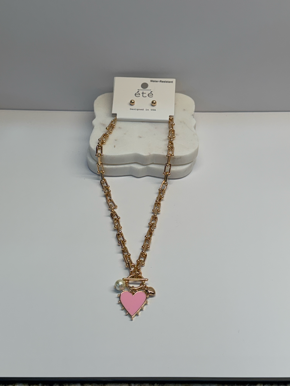 Gold hoop with gold and colorful heart necklace and gold bead earrings set