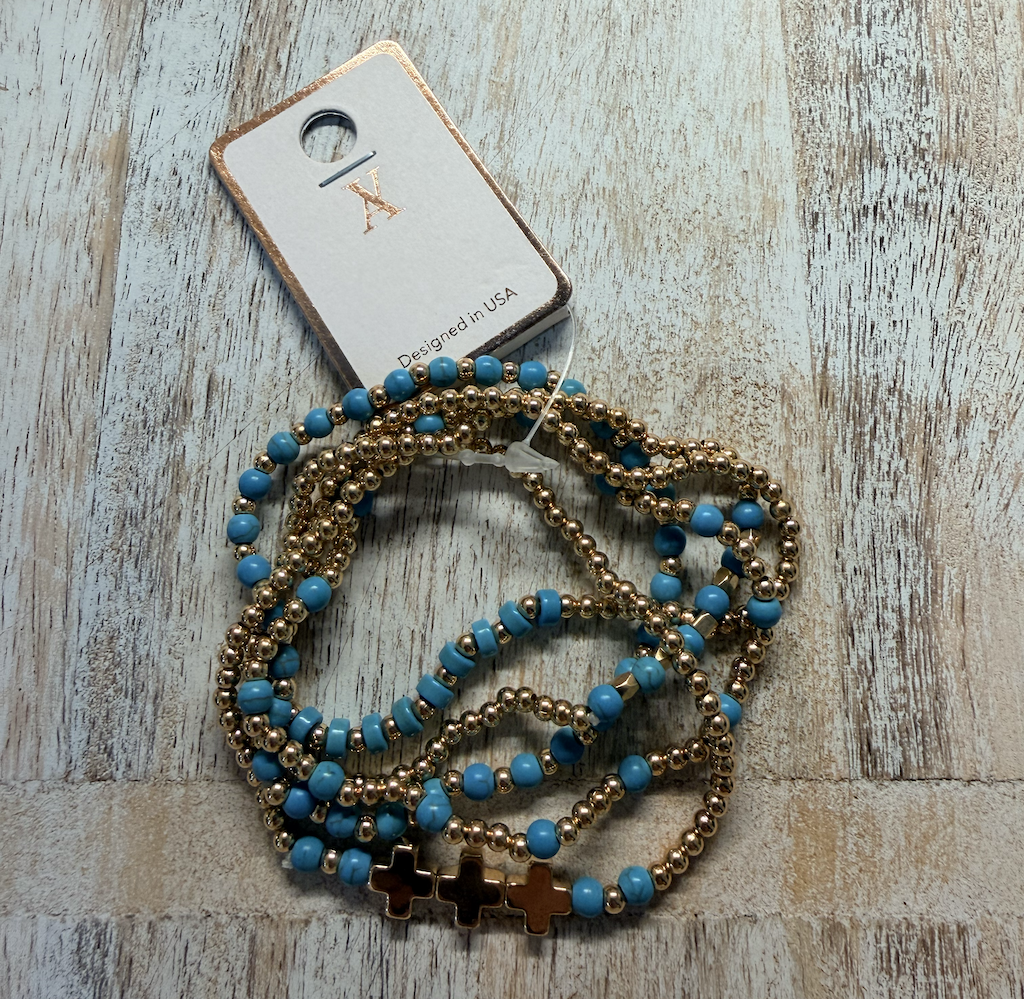 Alternating gold and turquoise with crosses layered bracelet