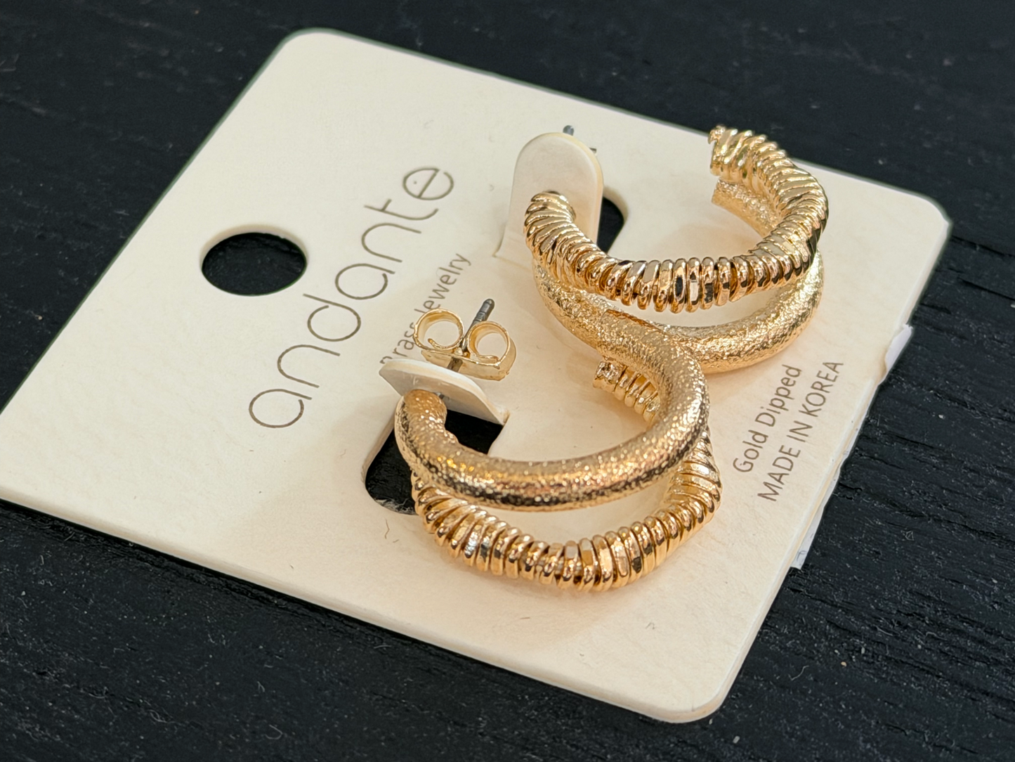 Gold toned double hoop two-finish satin/groove earrings