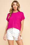 Les Amis Solid Ribbed Top with Pockets Blouse Les Amis Magenta Small